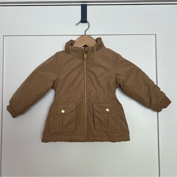 H&M Jacket Girls Puff Puffer Coat Winter Beige 12M Months Full Zip Pockets - Picture 1 of 12